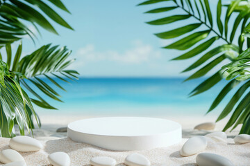 Empty podium on white sand beach with tropical palm leaves and ocean view background for product presentation. High quality photo