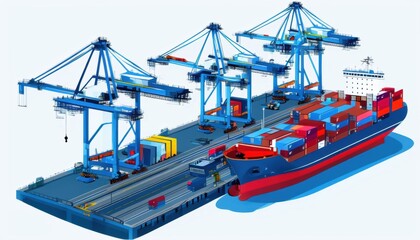 The image depicts a large cargo container ship docked at a busy port, with cranes actively loading and unloading containers, representing the bustling activity of international trade and shipping.