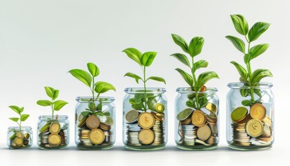 Collection of glass jars filled with coins, bean sprouts and basil, surrounded by fresh herbs and plants, isolated on white background.