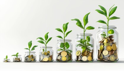 Wall Mural - Collection of glass jars filled with coins, bean sprouts and basil, surrounded by fresh herbs and plants, isolated on white background.