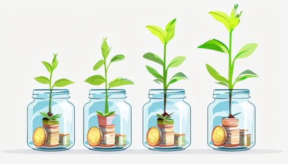 Collection of glass jars filled with coins, bean sprouts and basil, surrounded by fresh herbs and plants, isolated on white background.