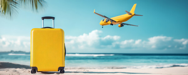 Yellow Suitcase on Sandy Beach with Airplane Landing at Sunset