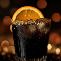 Wall Mural - A close-up of a dark cocktail with a sugared rim and an orange slice garnish, sitting on a black surface with bokeh lights in the background.