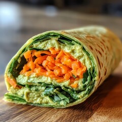 Canvas Print - A close-up of a delicious wrap filled with avocado, spinach, and shredded carrots.