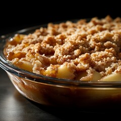 Poster - A close-up of a freshly baked apple crisp in a glass pie dish.