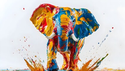 Wall Mural - Vibrant Elephant Figurine Made of Multicolored Liquid Paint with Splashing Effect on White Background