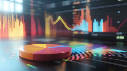 Colorful pie chart with financial graphs and charts in the background conveying business data and growth analysis in ultra-realistic 3D rendering

