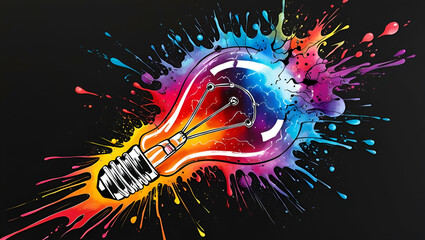 Wall Mural - light bulb explodes with colorful paint and splashes on a black background