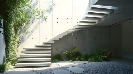 Canvas Print - Minimalist Concrete Staircase in a Modern Garden