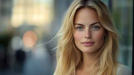 A portrait of an attractive blonde woman with long hair, wearing casual attire and standing outdoors in the city