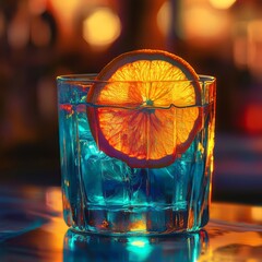 Sticker - A close-up shot of a blue cocktail with an orange slice garnish and ice cubes.