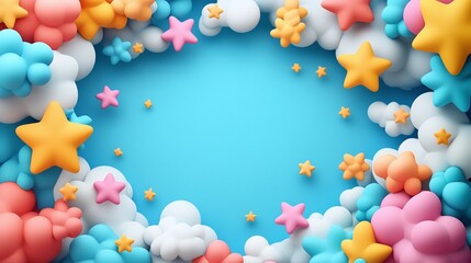 D Cartoon Clouds and Stars Blue Background