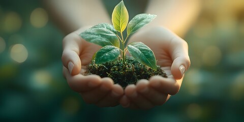 Hands Holding Sustainable Plant Growth on Green Background