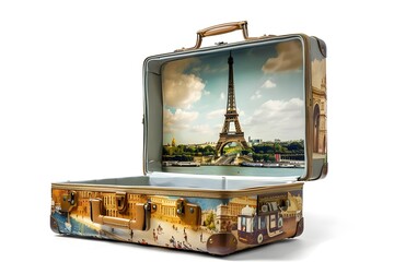 Opened Suitcase Revealing the Iconic Eiffel Tower and Scenic Paris Destination