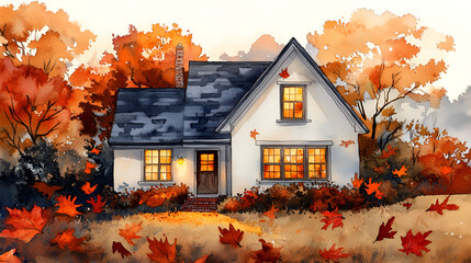 Poster - Watercolor Painting of a Cozy Cottage in the Fall