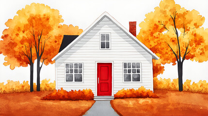 Sticker - Watercolor Illustration of a Cozy White House with Red Door and Autumn Trees.  Perfect for Home Decor or Greeting Cards.