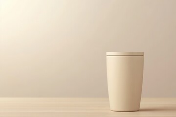 Wall Mural - A simple beige cup on a wooden surface against a neutral background.