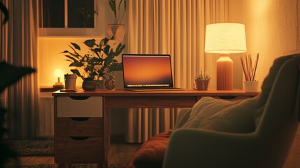 Poster - A cozy home office with a laptop, desk lamp, and plants.