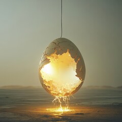 Wall Mural - A cracked egg hangs in the air above a desert landscape, with a bright light emanating from its interior and lightning striking the ground below.