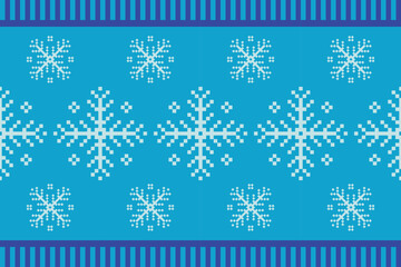 Beautiful blue snowflake cross stitch embroidery seamless pattern. Illustration pixel ethnic patterns.Christmas decoration. New Year ornament.Design for happy holiday decorate,nature winter,home decor