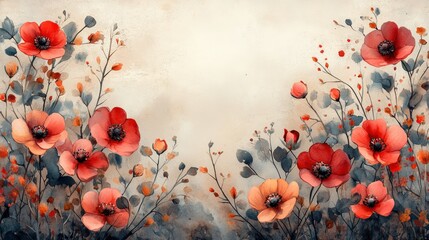 Wall Mural - Watercolor painting of red poppy flowers with a soft, blurred background.