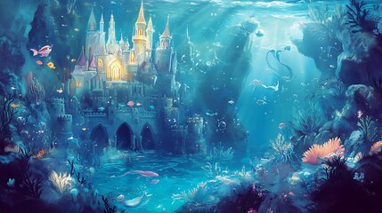 Canvas Print - Underwater Castle with Fish and Coral