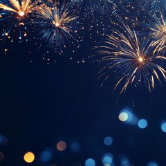 Canvas Print - A dark blue sky is lit up by bursts of colorful fireworks, with a blurred background of bokeh lights.