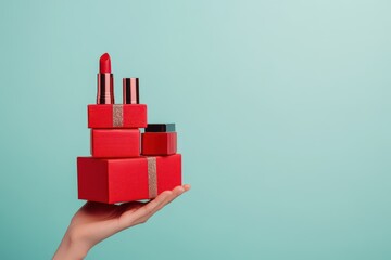 Wall Mural - A hand supports a stack of red gift boxes with makeup products against a pastel background