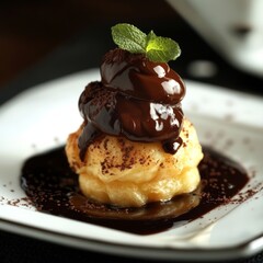 Wall Mural - A decadent chocolate profiterole topped with whipped cream, chocolate sauce, and a sprig of mint, served on a white plate.