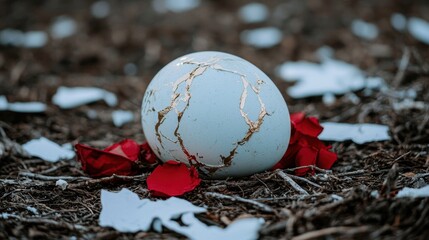 Poster - Cracked concrete sphere on forest floor with red petals