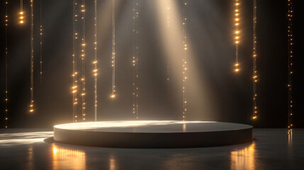 Wall Mural - Prize display platform, one podium, no prizes, resplendent, solemn, twinkling lights, minimalism