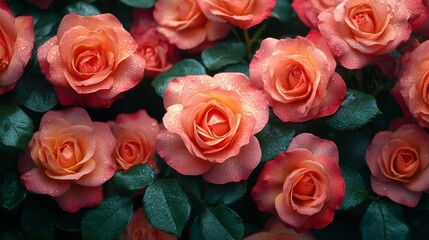 Wall Mural - A close-up shot of a cluster of light peach roses with dew drops, arranged in a symmetrical pattern against a dark background.