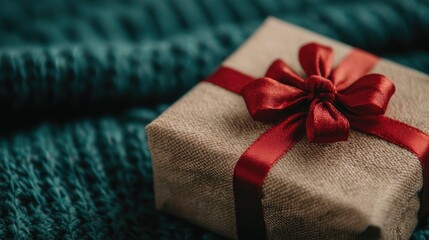 Canvas Print - Cozy gift wrapped in burlap with red bow