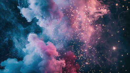 Poster - Abstract background of white and purple smoke with glittering sparks against a black backdrop.