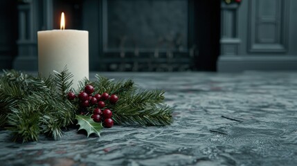 Wall Mural - cozy christmas candle and holly decoration