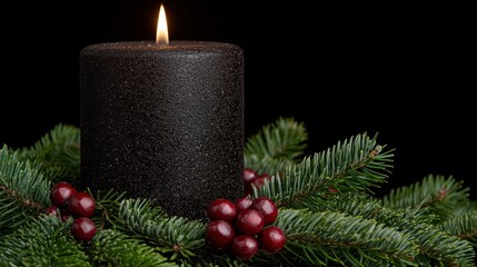 Canvas Print - Festive black candle with pine branches and red berries