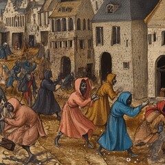 A depiction of the Black Death, a devastating plague that swept through Europe in the 14th century.