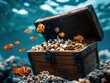 © Teerapon - An underwater treasure chest filled with coins and pearls, surrounded by colorful clownfish in a vibrant coral reef.