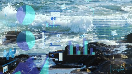 Sticker - Charts and graphs animation over ocean waves hitting rocks