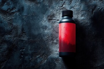 Wall Mural - A sleek black bottle with a red label on a textured dark surface.