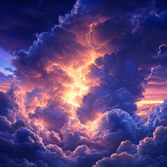 Canvas Print - A dramatic lightning strike illuminates a sky filled with clouds at sunset.