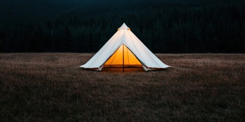 Poster - Illuminated tent in dark field at night