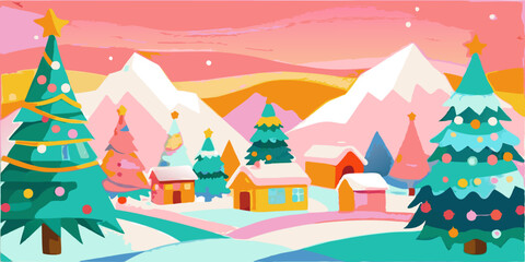 Whimsical Winter Wonderland with Festive Christmas Trees and Snow-Covered Houses