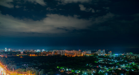 Samara, Russia. View of the city of Samara. Night time. Clouds. Lights of the night city. Panorama from above