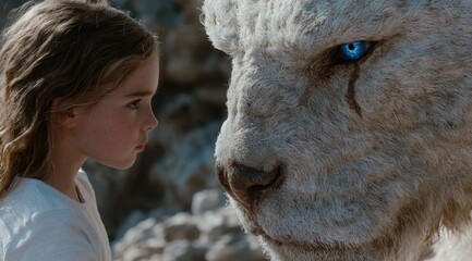 Sticker - young girl and large white wolf stare at each other