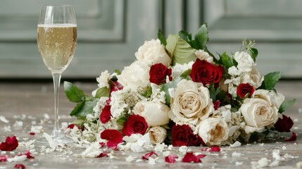 Sticker - Elegant bouquet of roses and champagne glass