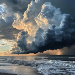 Sticker - A dramatic storm cloud looms over the ocean as the sun sets, casting a warm glow on the water and beach.