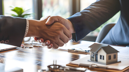 Business Handshake Over a Real Estate Contract and Model House