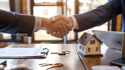 Business Handshake Over a Real Estate Contract and Model House