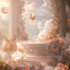 Poster - A dreamy, ethereal scene with a circular pedestal surrounded by white pillars, pink roses, and butterflies, set against a backdrop of fluffy white clouds and a hazy, golden sky.